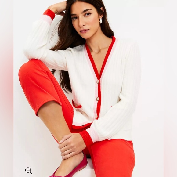 LOFT White Cardigan with Pink and Red Trim Swiftie Style Women’s Size Large NWT - Picture 11 of 12